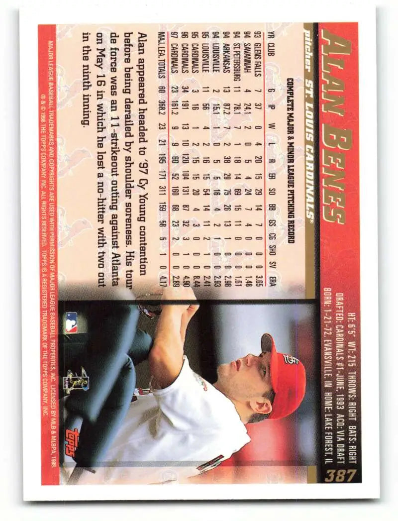 1998 Topps #387 Alan Benes NM-MT St. Louis Cardinals Baseball Card - Baseball Card Single