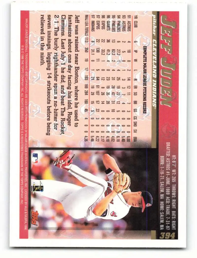 1998 Topps #394 Jeff Juden NM-MT Cleveland Indians Baseball Card - Baseball Card Single