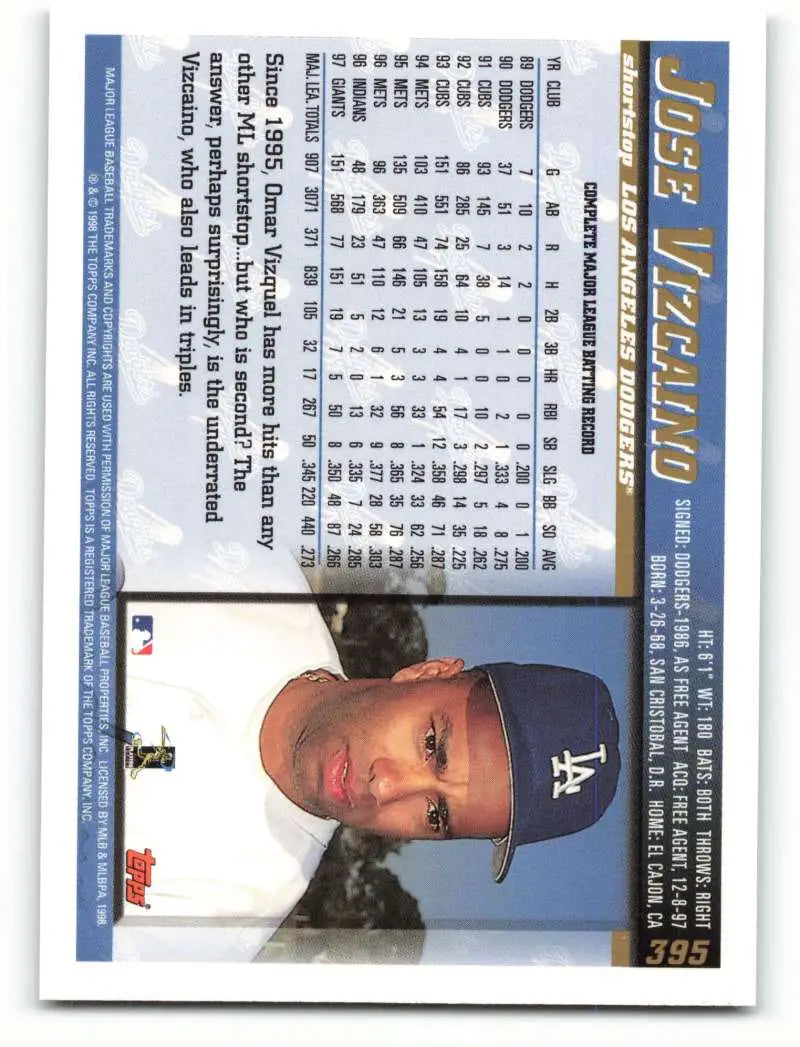 1998 Topps #395 Jose Vizcaino NM-MT Los Angeles Dodgers Baseball Card - Baseball Card Single