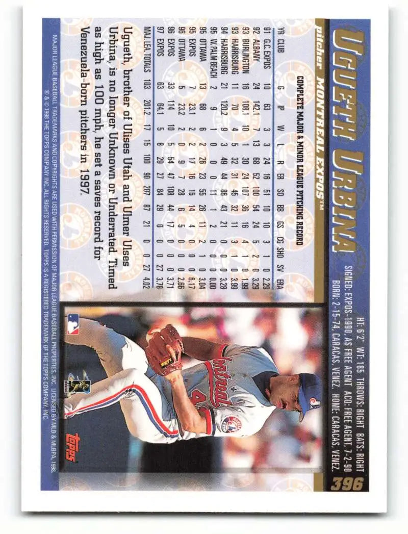 1998 Topps #396 Ugueth Urbina NM-MT Montreal Expos Baseball Card - Baseball Card Single