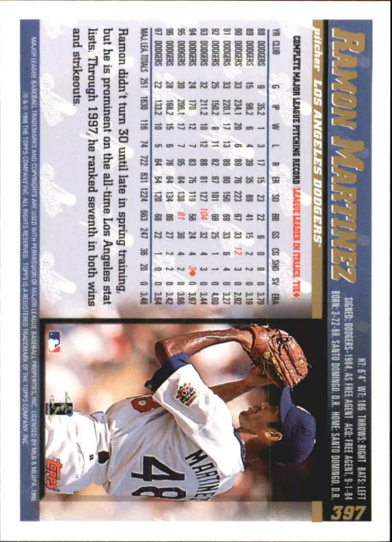 1998 Topps #397 Ramon Martinez NM-MT Los Angeles Dodgers Baseball Card - Baseball Card Single