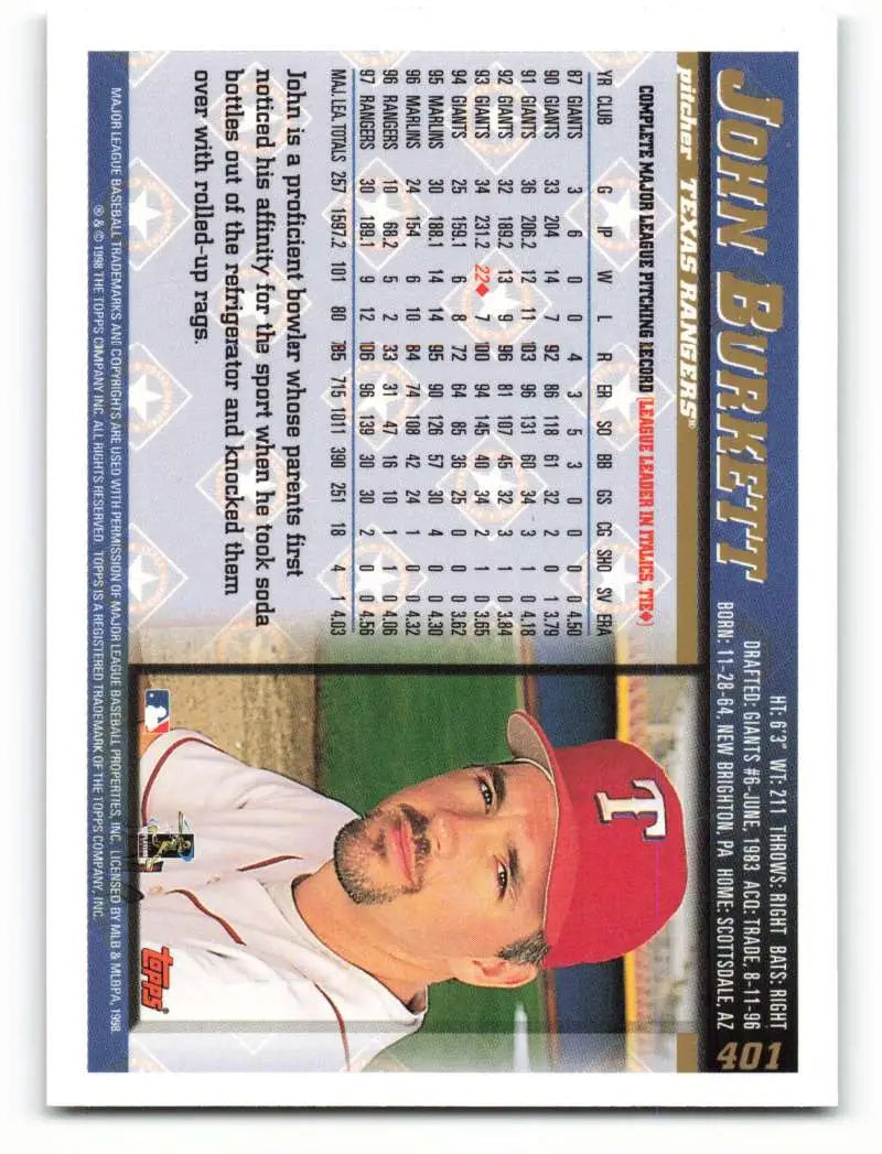 1998 Topps #401 John Burkett NM-MT Texas Rangers Baseball Card - Baseball Card Single