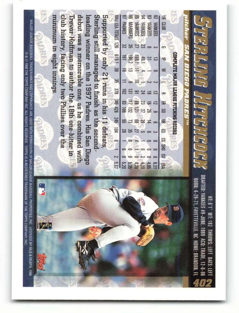 1998 Topps #402 Sterling Hitchcock NM-MT San Diego Padres Baseball Card - Baseball Card Single