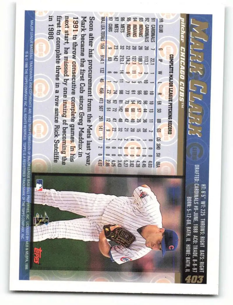 1998 Topps #403 Mark Clark NM-MT Chicago Cubs Baseball Card - Baseball Card Single