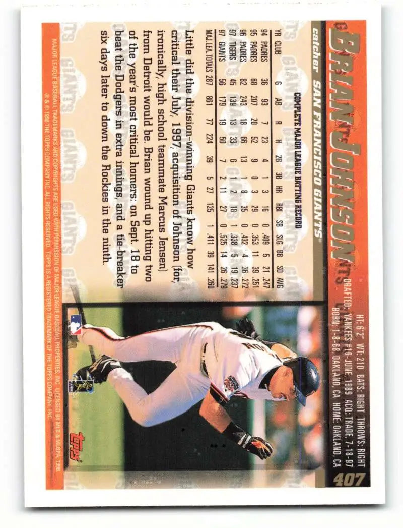 1998 Topps #407 Brian Johnson NM-MT San Francisco Giants Baseball Card - Baseball Card Single