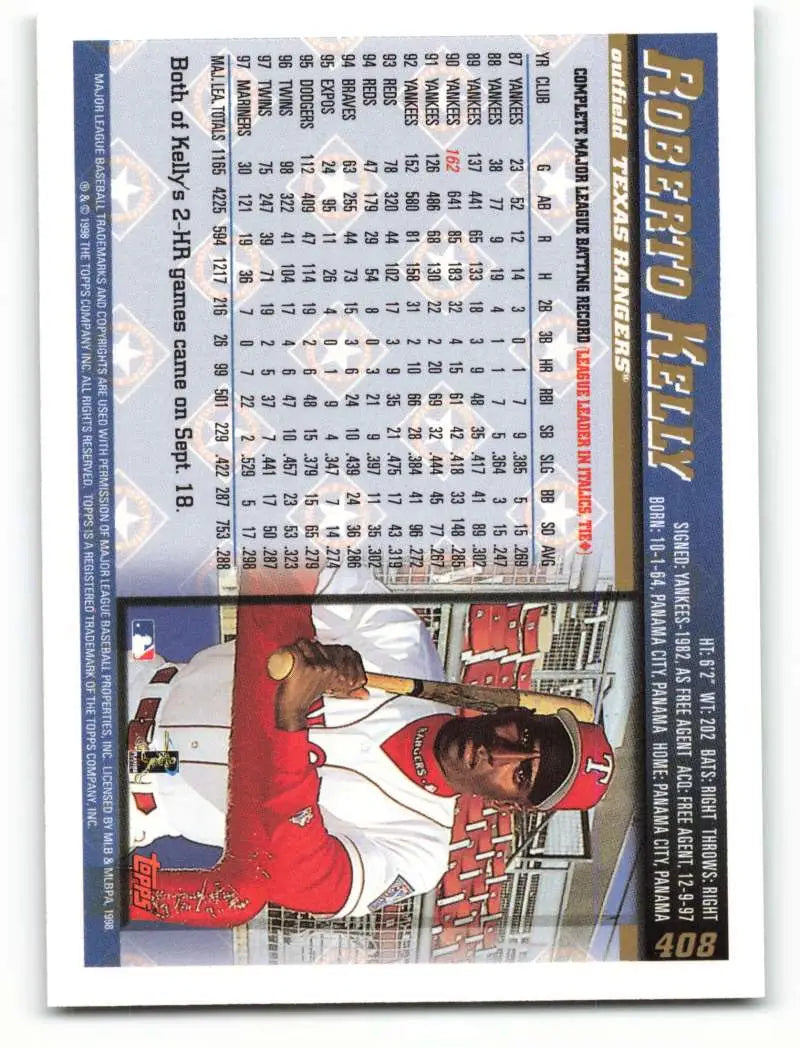 1998 Topps #408 Roberto Kelly NM-MT Texas Rangers Baseball Card - Baseball Card Single