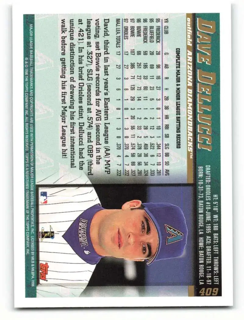 1998 Topps #409 David Dellucci NM-MT RC Rookie Arizona Diamondbacks Baseball Card - Baseball Card Single
