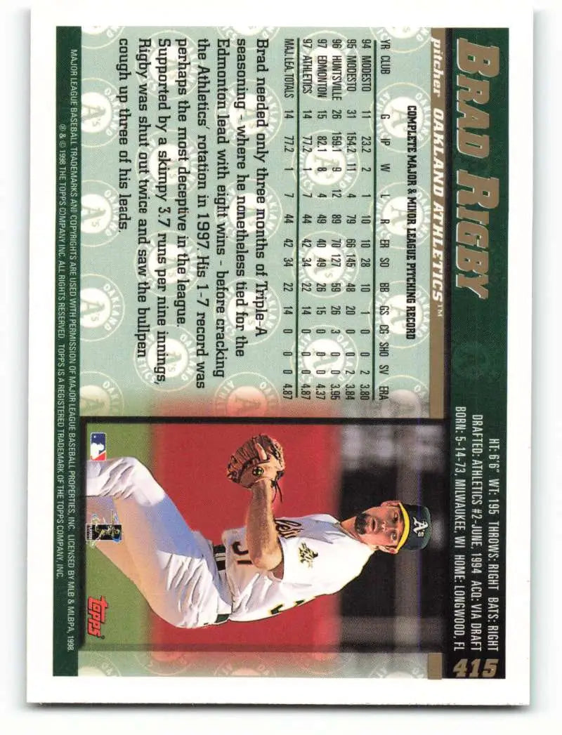 1998 Topps #415 Brad Rigby NM-MT Oakland Athletics Baseball Card - Baseball Card Single