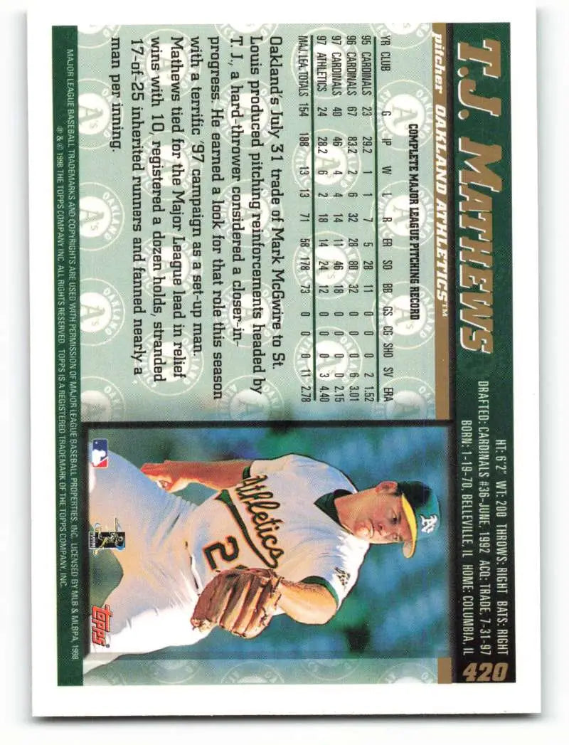 1998 Topps #420 T.J. Mathews NM-MT Oakland Athletics Baseball Card - Baseball Card Single