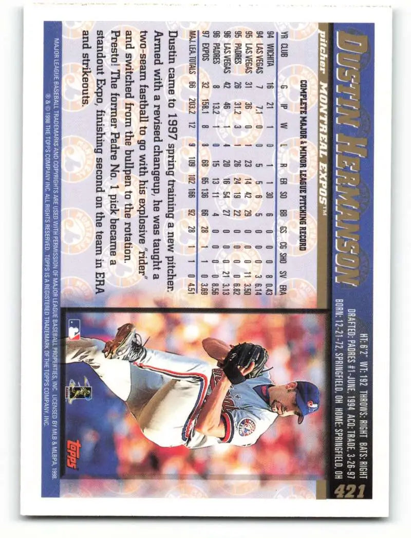 1998 Topps #421 Dustin Hermanson NM-MT Montreal Expos Baseball Card - Baseball Card Single