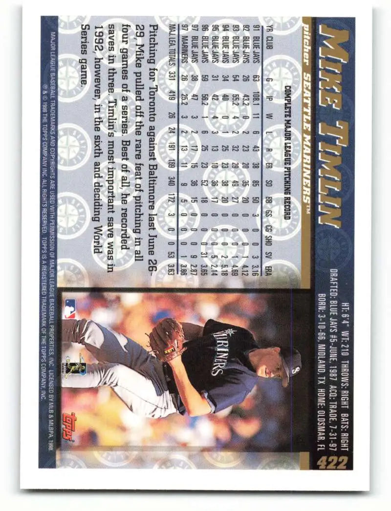1998 Topps #422 Mike Timlin NM-MT Seattle Mariners Baseball Card - Baseball Card Single