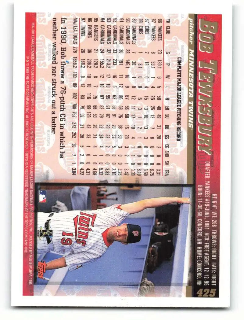1998 Topps #425 Bob Tewksbury NM-MT Minnesota Twins Baseball Card - Baseball Card Single