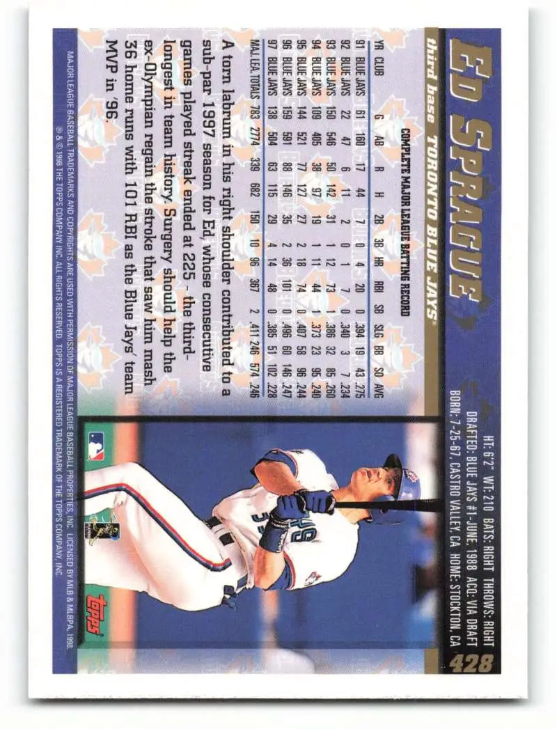1998 Topps #428 Ed Sprague NM-MT Toronto Blue Jays Baseball Card - Baseball Card Single
