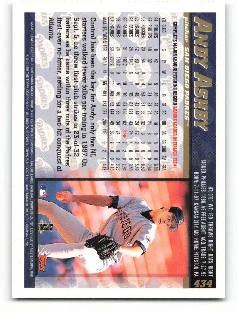 1998 Topps #434 Andy Ashby NM-MT San Diego Padres Baseball Card - Baseball Card Single