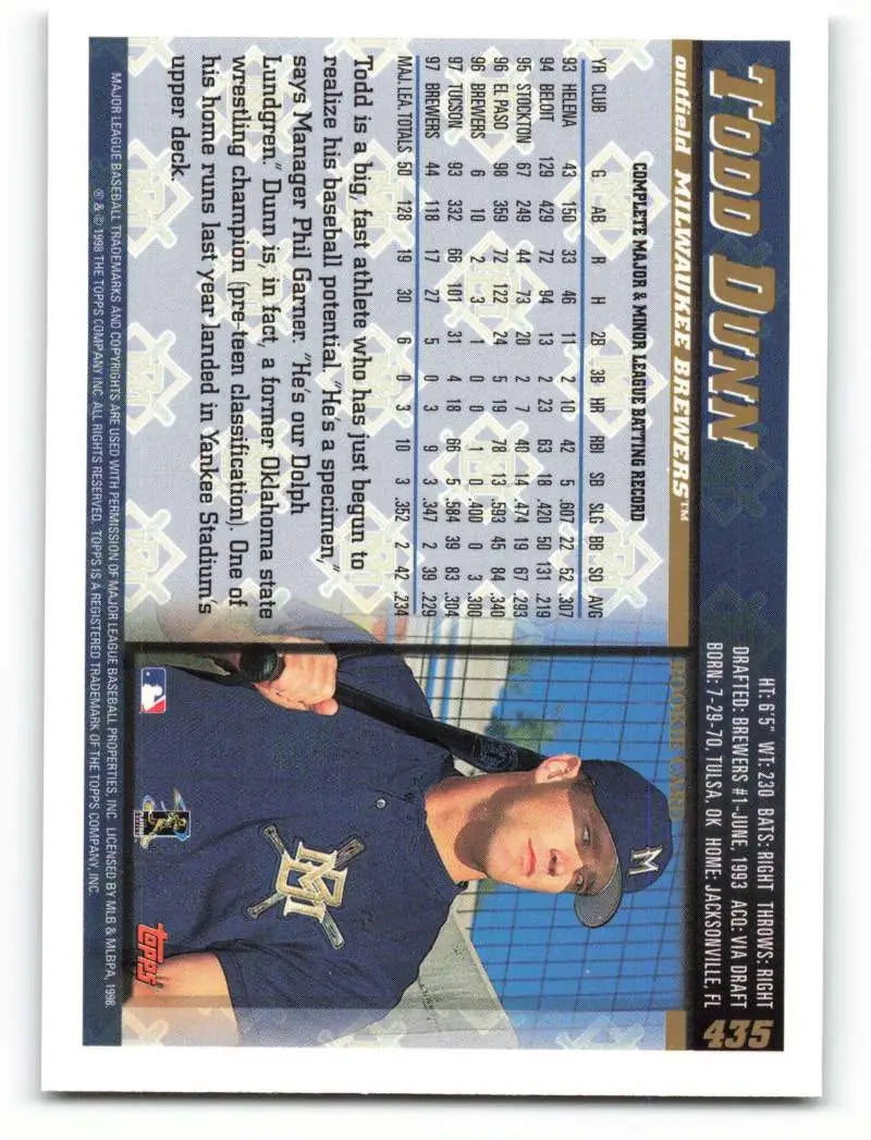 1998 Topps #435 Todd Dunn NM-MT Milwaukee Brewers Baseball Card - Baseball Card Single