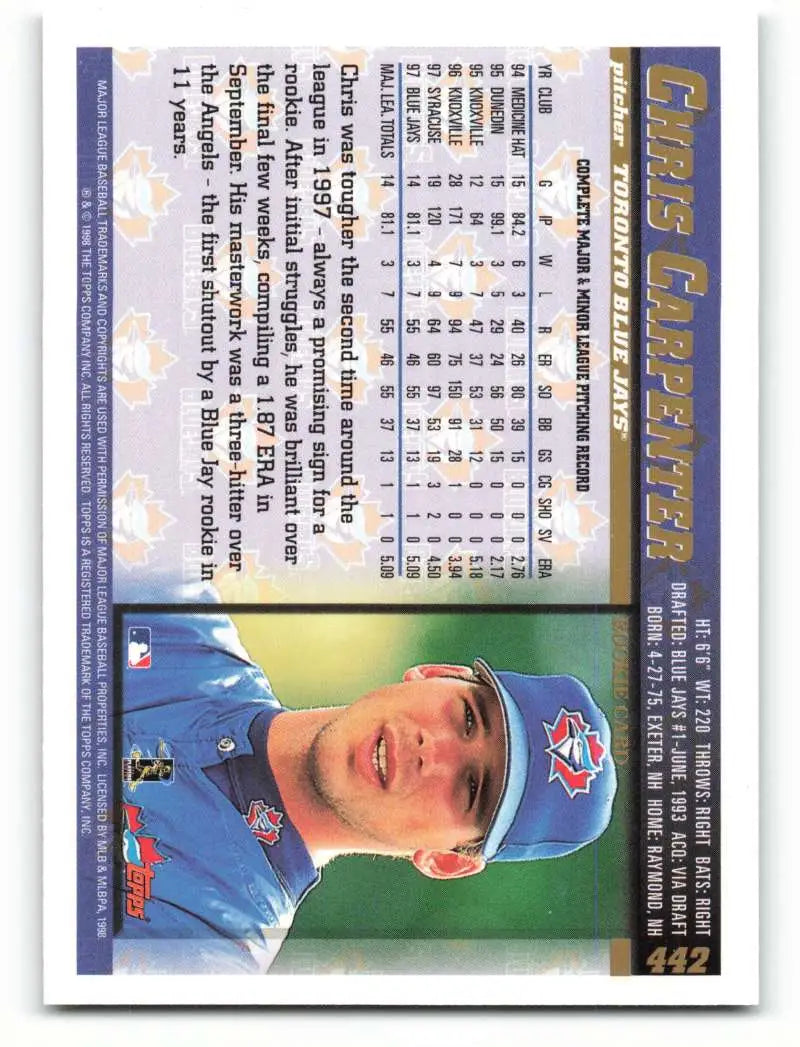 1998 Topps #442 Chris Carpenter NM-MT Toronto Blue Jays Baseball Card - Baseball Card Single