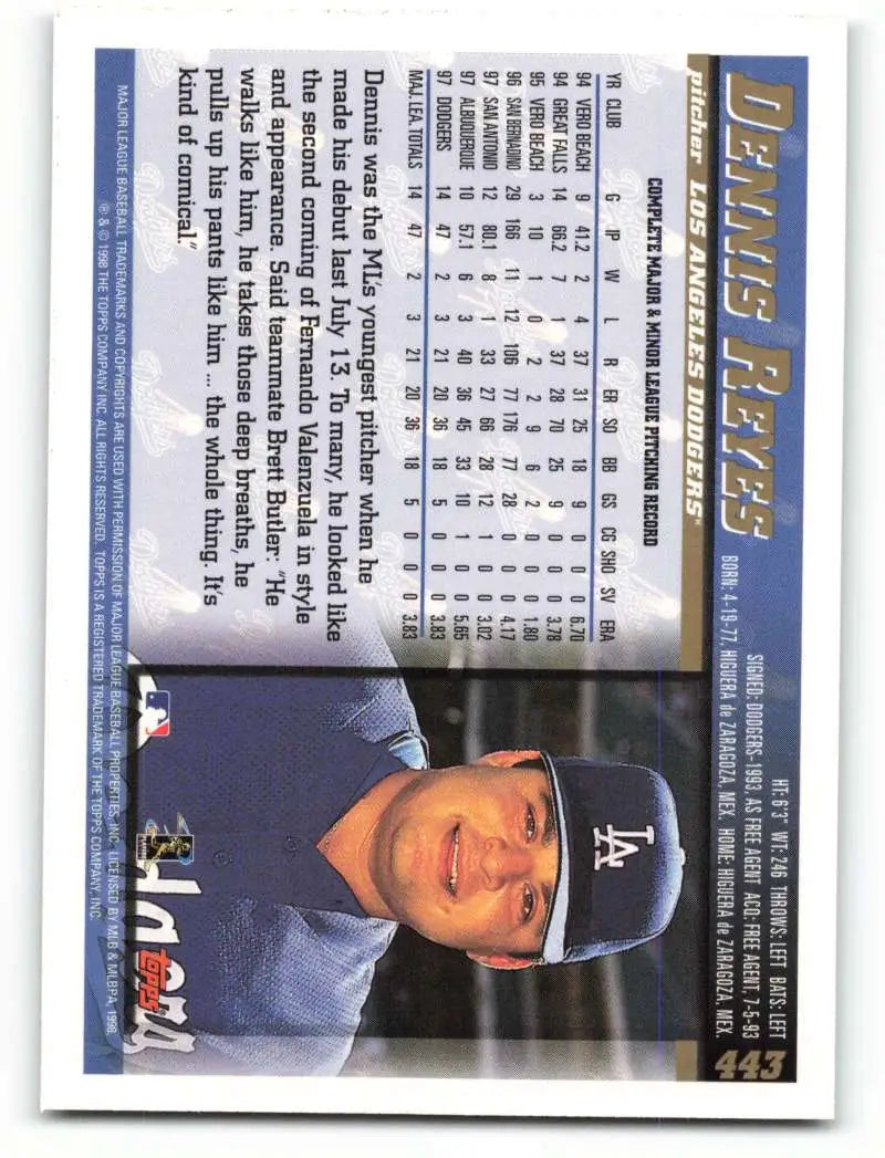 1998 Topps #443 Dennys Reyes NM-MT Los Angeles Dodgers Baseball Card - Baseball Card Single
