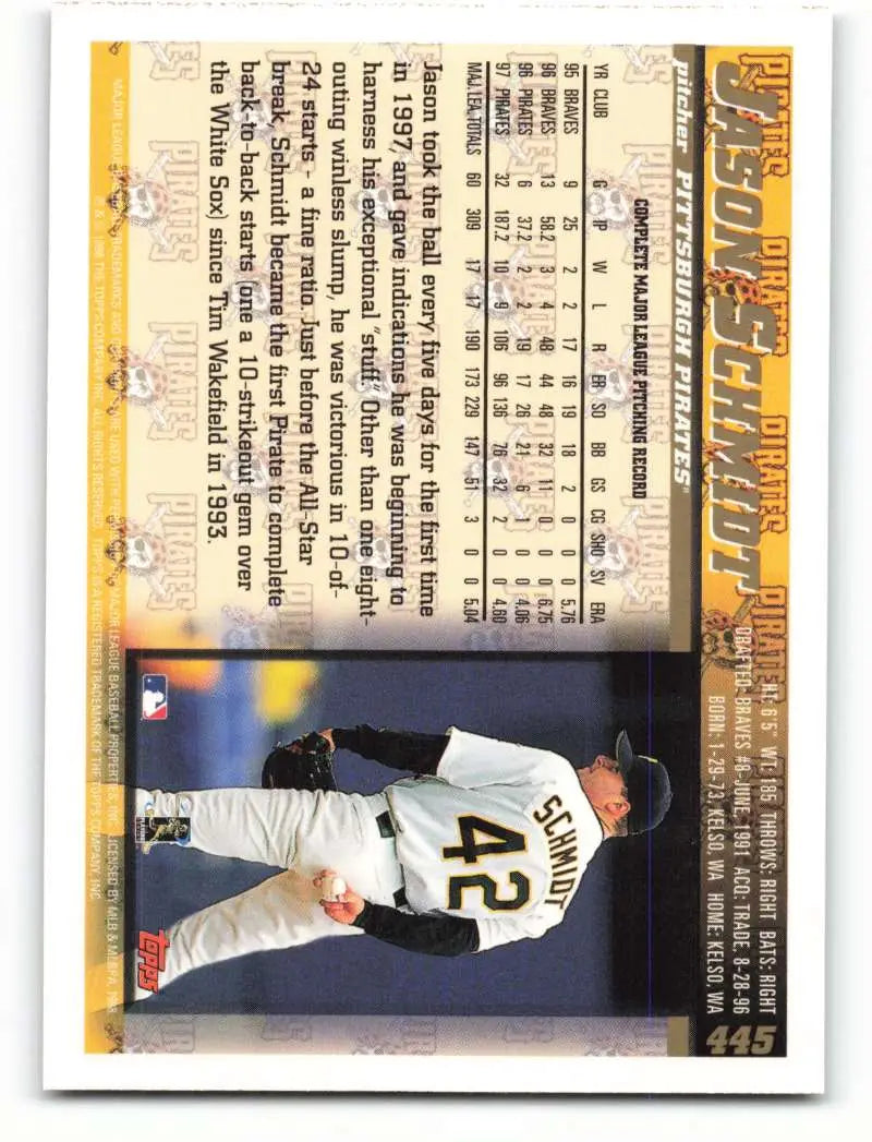 1998 Topps #445 Jason Schmidt NM-MT Pittsburgh Pirates Baseball Card - Baseball Card Single