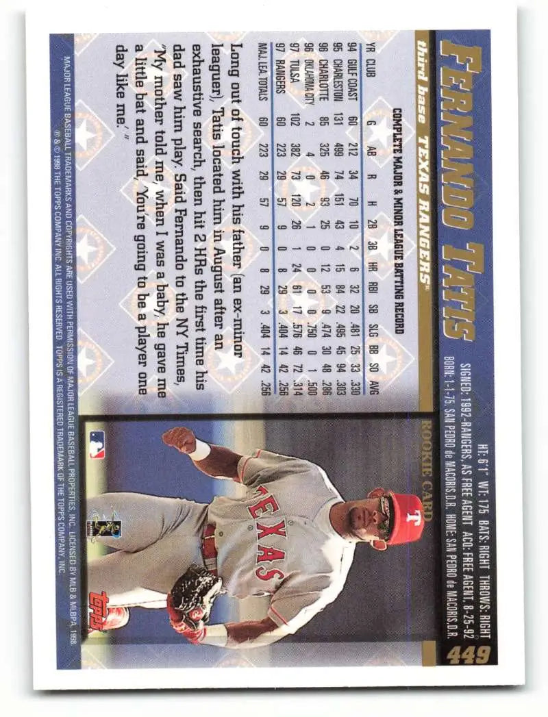 1998 Topps #449 Fernando Tatis NM-MT Texas Rangers Baseball Card - Baseball Card Single