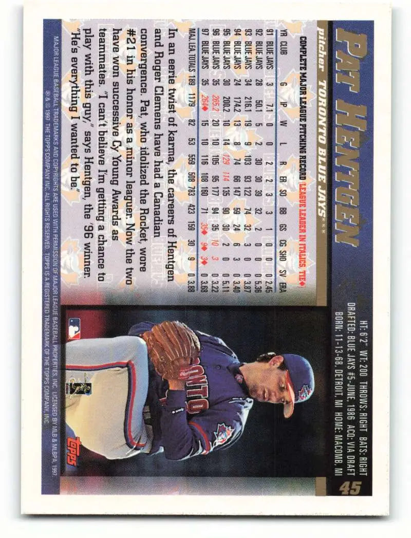 1998 Topps #45 Pat Hentgen NM-MT Toronto Blue Jays Baseball Card - Baseball Card Single