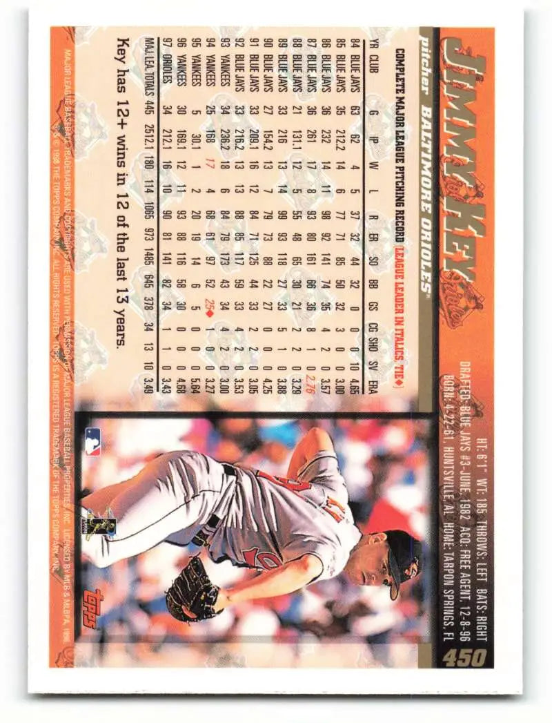 1998 Topps #450 Jimmy Key NM-MT Baltimore Orioles Baseball Card - Baseball Card Single