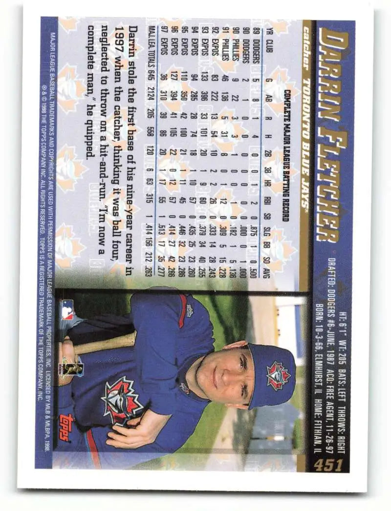 1998 Topps #451 Darrin Fletcher NM-MT Toronto Blue Jays Baseball Card - Baseball Card Single