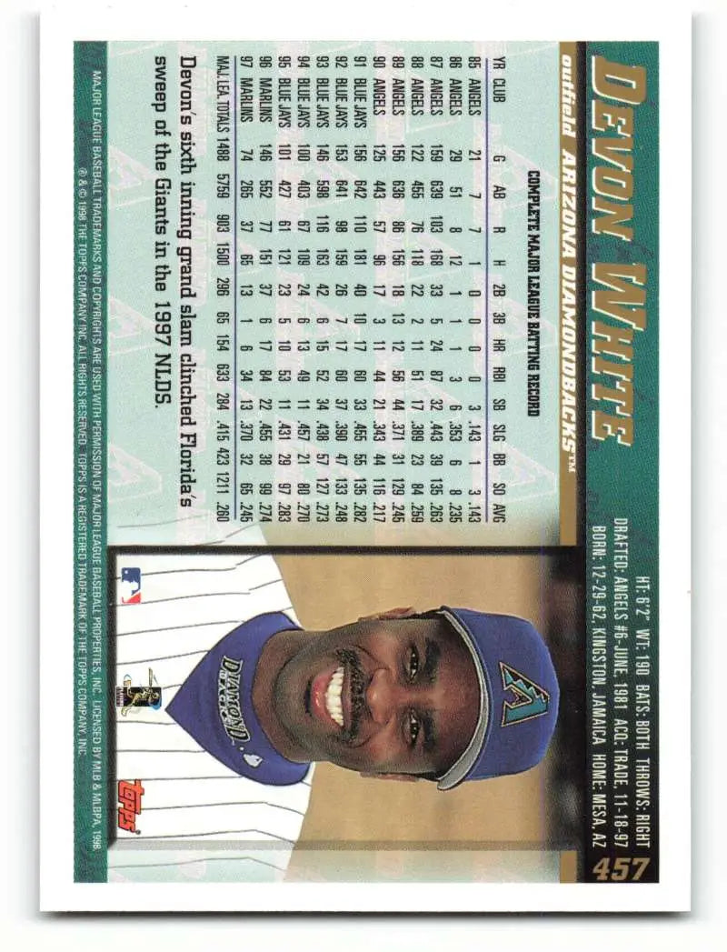 1998 Topps #457 Devon White NM-MT Arizona Diamondbacks Baseball Card - Baseball Card Single