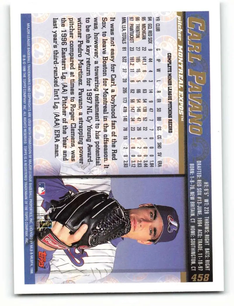 1998 Topps #458 Carl Pavano NM-MT Montreal Expos Baseball Card - Baseball Card Single