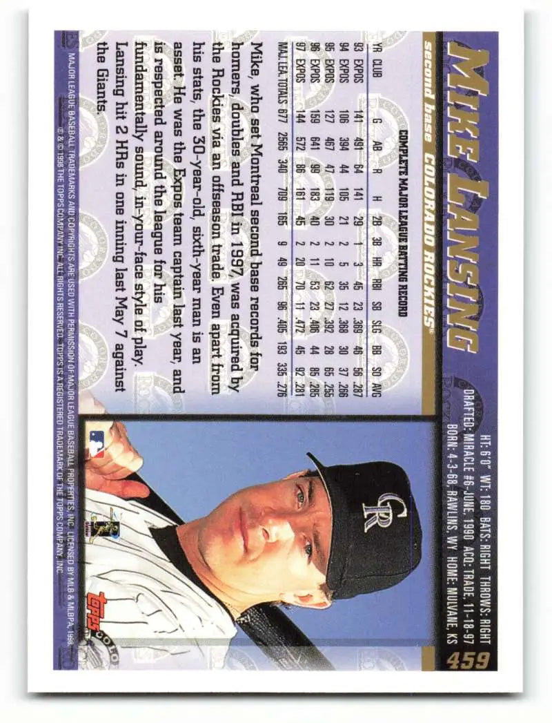 1998 Topps #459 Mike Lansing NM-MT Colorado Rockies Baseball Card - Baseball Card Single