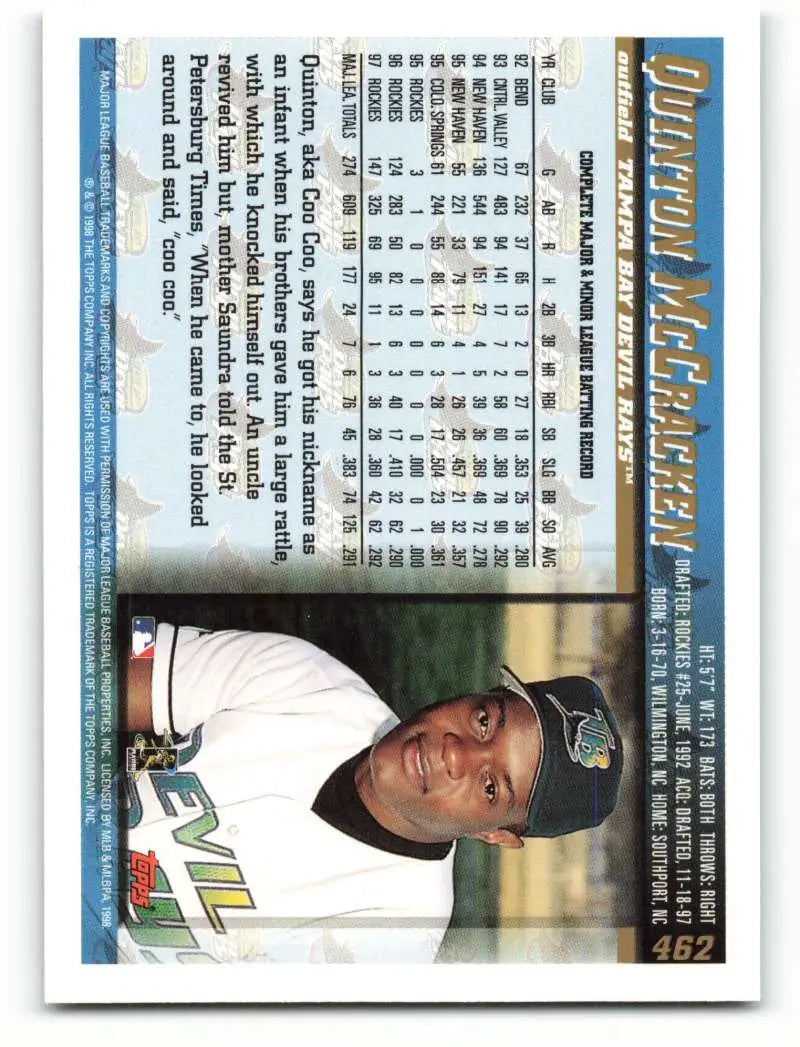 1998 Topps #462 Quinton McCracken NM-MT Tampa Bay Devil Rays Baseball Card - Baseball Card Single