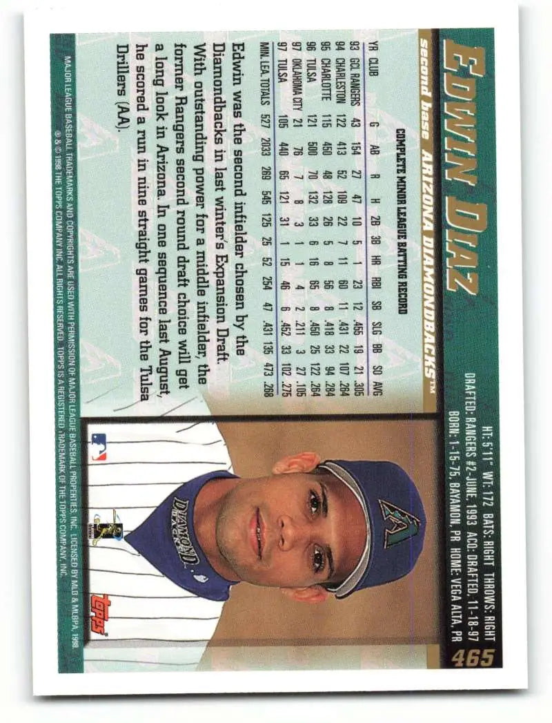 1998 Topps #465 Edwin Diaz NM-MT Arizona Diamondbacks Baseball Card - Baseball Card Single