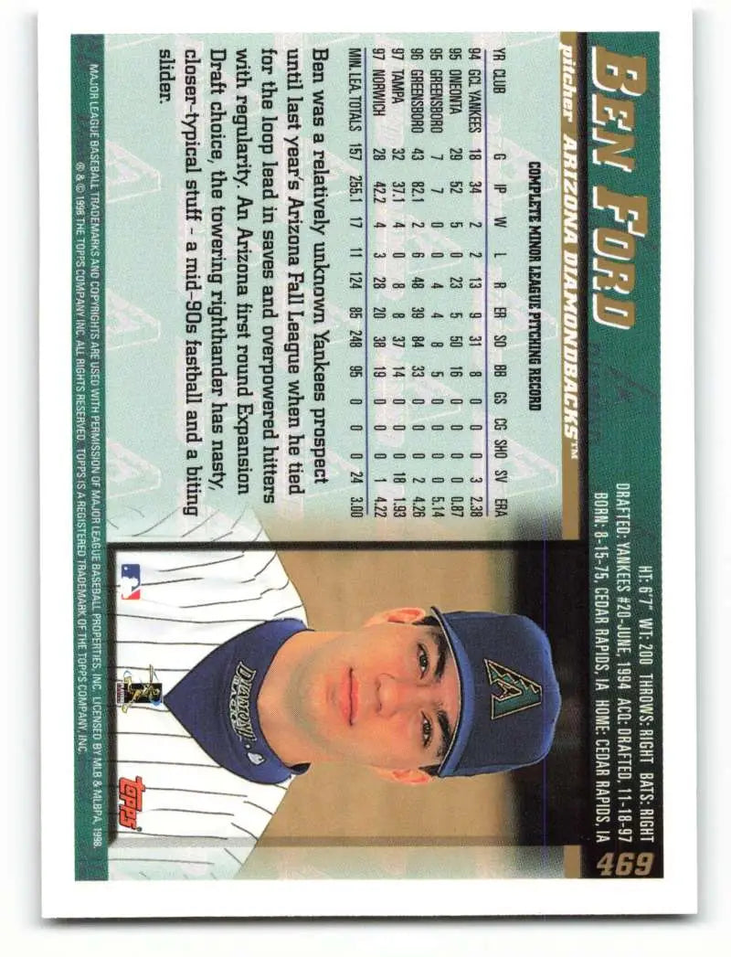 1998 Topps #469 Ben Ford NM-MT RC Rookie Arizona Diamondbacks Baseball Card - Baseball Card Single
