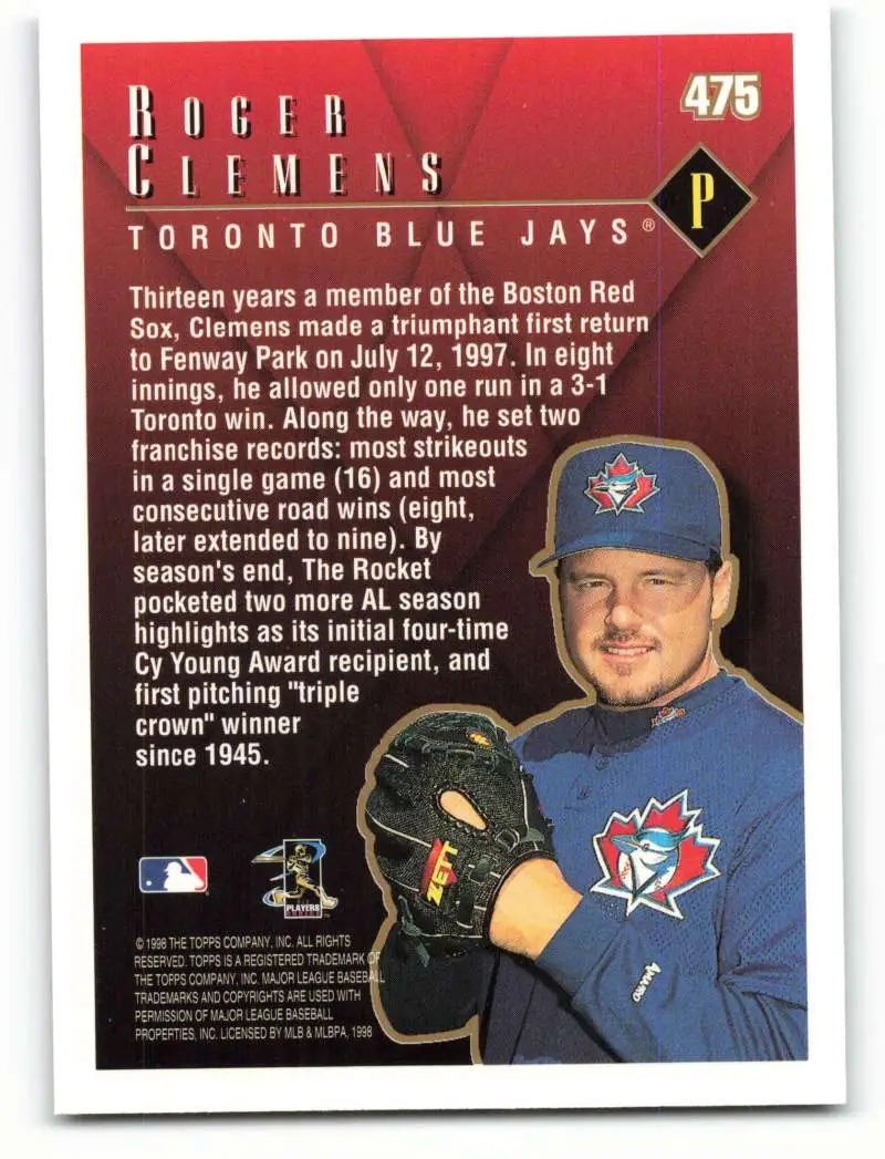 1998 Topps #475 Roger Clemens NM-MT Toronto Blue Jays Baseball Card - Baseball Card Single