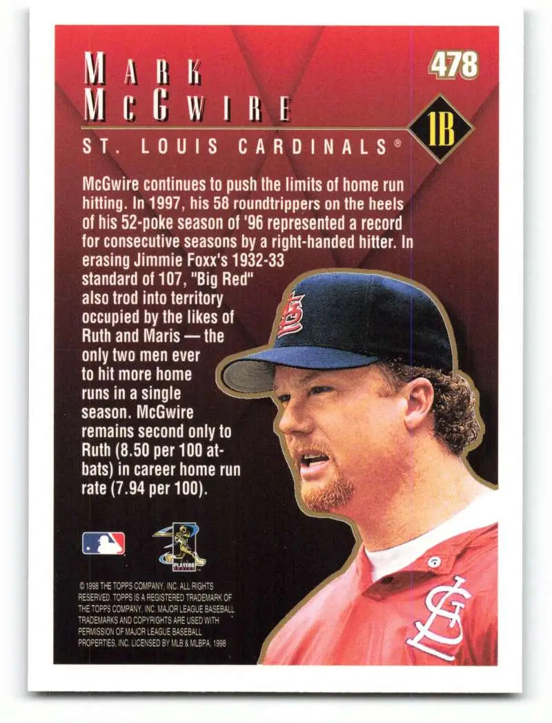 1998 Topps #478 Mark McGwire NM-MT St. Louis Cardinals Baseball Card - Baseball Card Single