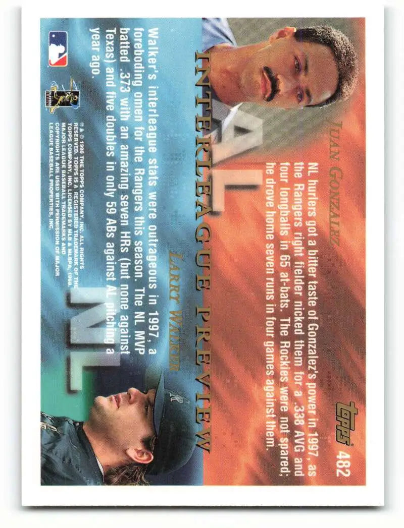 1998 Topps #482 Larry Walker/Juan Gonzalez NM-MT Colorado Rockies/Texas Rangers Baseball Card - Baseball Card Single