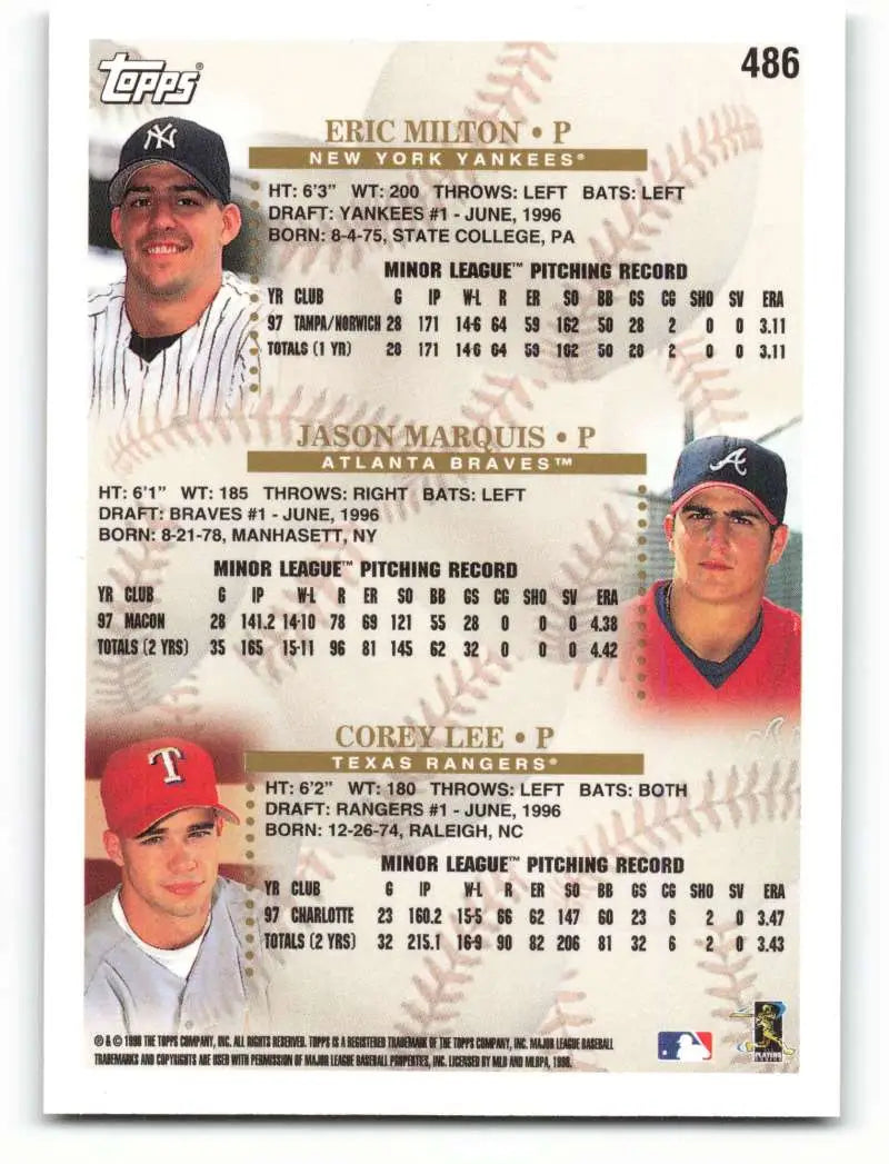 1998 Topps #486 Eric Milton/Jason Marquis/Corey Lee NM-MT New York Yankees/Atlanta Braves/Texas Rangers Baseball Card