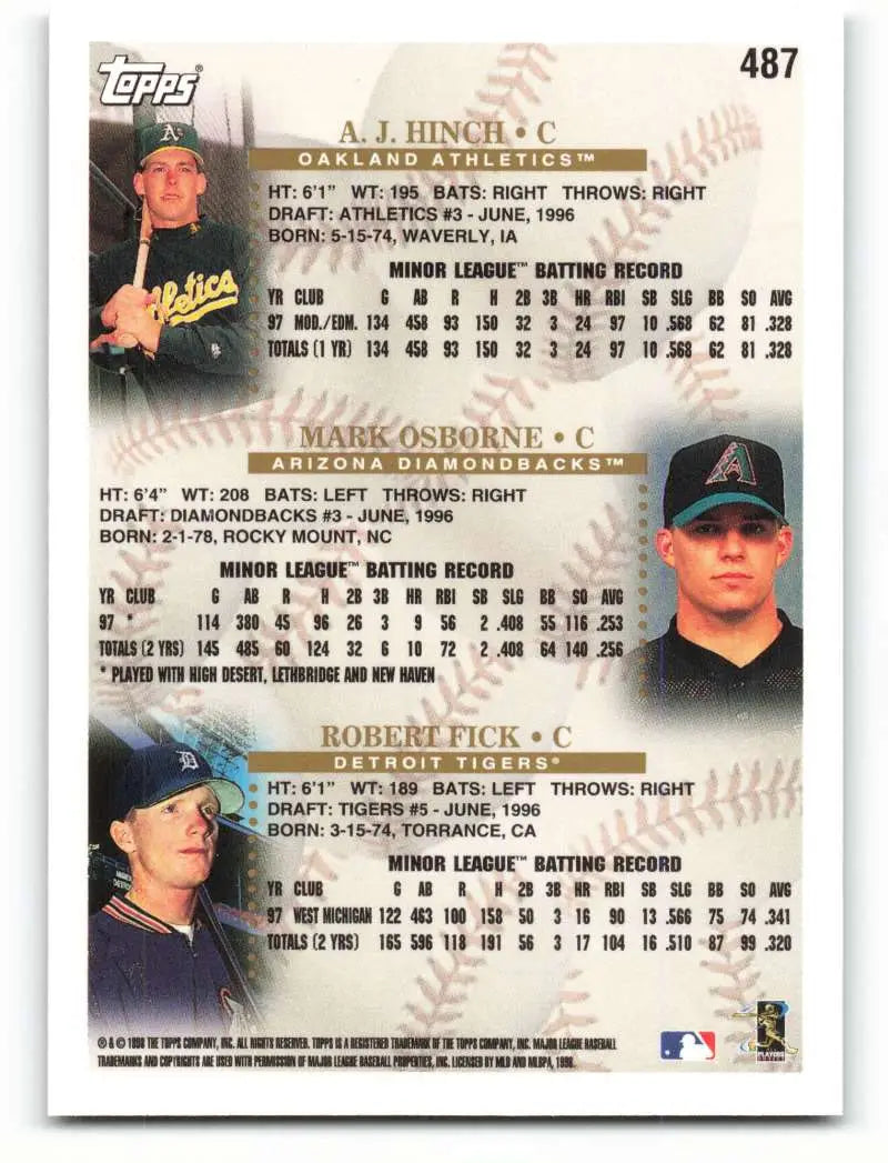 1998 Topps #487 A.J. Hinch/Mark Osborne/Robert Fick NM-MT RC Rookie Oakland Athletics/Arizona Diamondbacks/Detroit