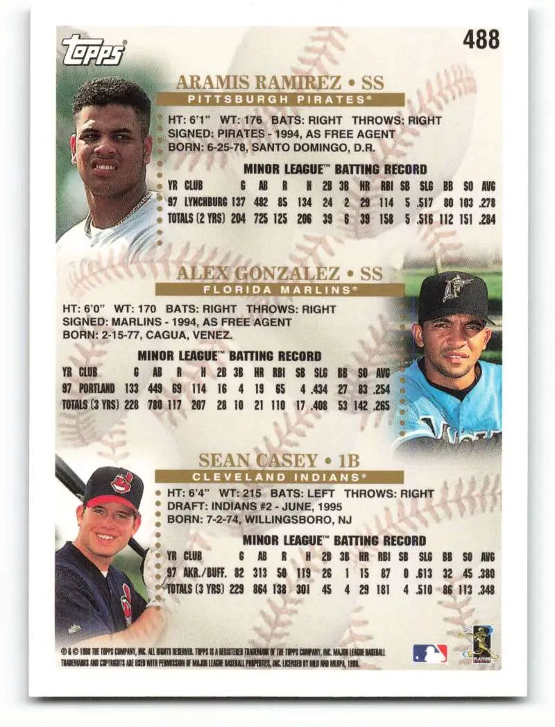 1998 Topps #488 Aramis Ramirez/Alex Gonzalez/Sean Casey NM-MT Pittsburgh Pirates/Florida Marlins/Cleveland Indians