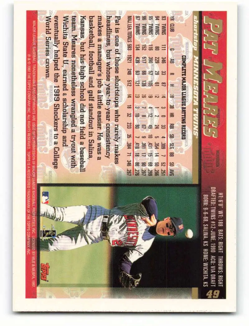 1998 Topps #49 Pat Meares NM-MT Minnesota Twins Baseball Card - Baseball Card Single