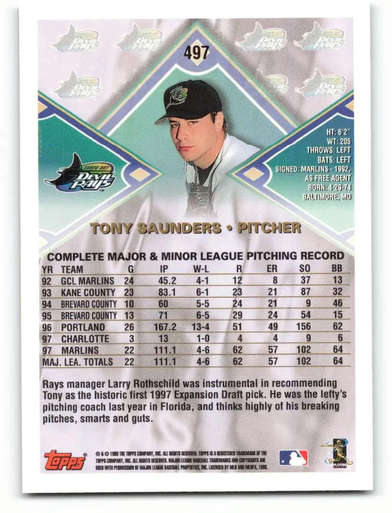 1998 Topps #497 Tony Saunders NM-MT Tampa Bay Devil Rays Baseball Card - Baseball Card Single