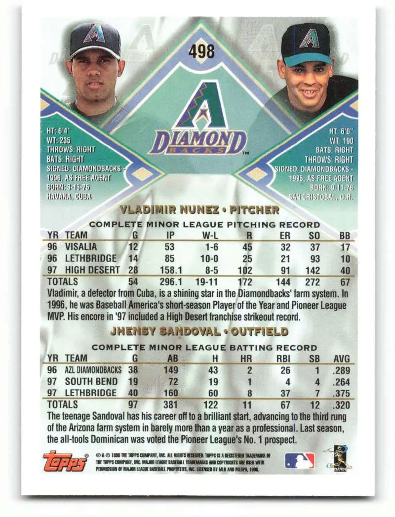 1998 Topps #498 Jhensy Sandoval/Vladimir Nunez NM-MT Arizona Diamondbacks Baseball Card - Baseball Card Single