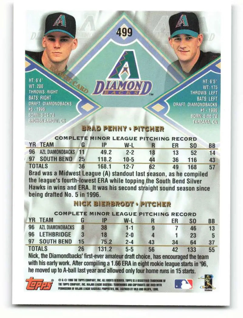 1998 Topps #499 Brad Penny/Nick Bierbrodt NM-MT Arizona Diamondbacks Baseball Card - Baseball Card Single