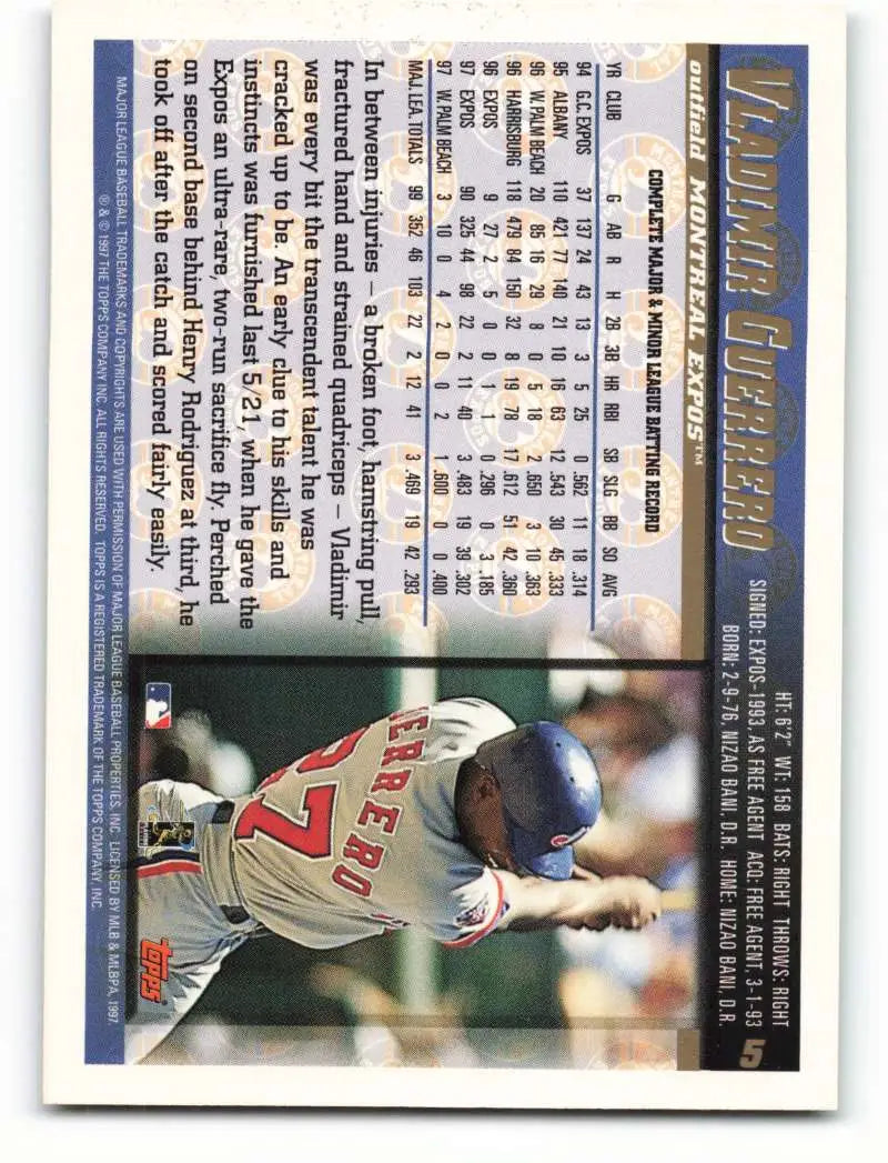 1998 Topps #5 Vladimir Guerrero NM-MT Montreal Expos Baseball Card - Baseball Card Single