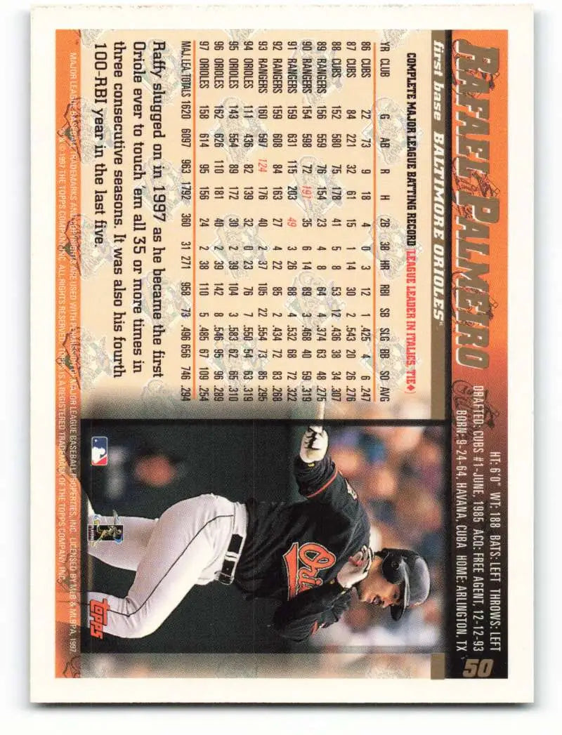1998 Topps #50 Rafael Palmeiro NM-MT Baltimore Orioles Baseball Card - Baseball Card Single