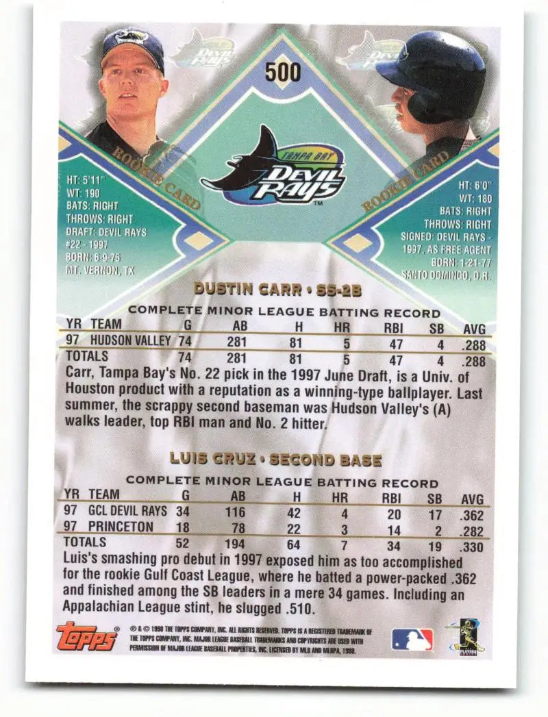 1998 Topps #500 Dustin Carr/Luis Cruz NM-MT RC Rookie Tampa Bay Devil Rays Baseball Card - Baseball Card Single