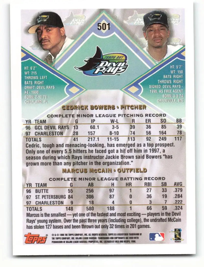 1998 Topps #501 Cedrick Bowers/Marcus McCain NM-MT Tampa Bay Devil Rays Baseball Card - Baseball Card Single