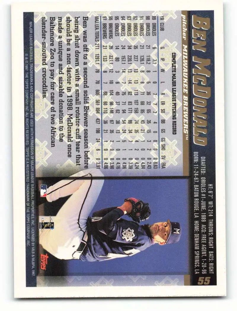 1998 Topps #55 Ben McDonald NM-MT Milwaukee Brewers Baseball Card - Baseball Card Single