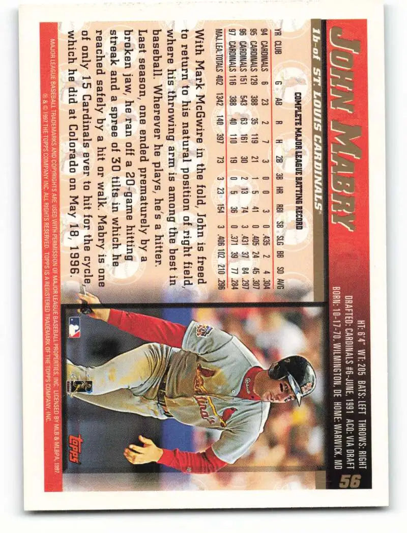 1998 Topps #56 John Mabry NM-MT St. Louis Cardinals Baseball Card - Baseball Card Single