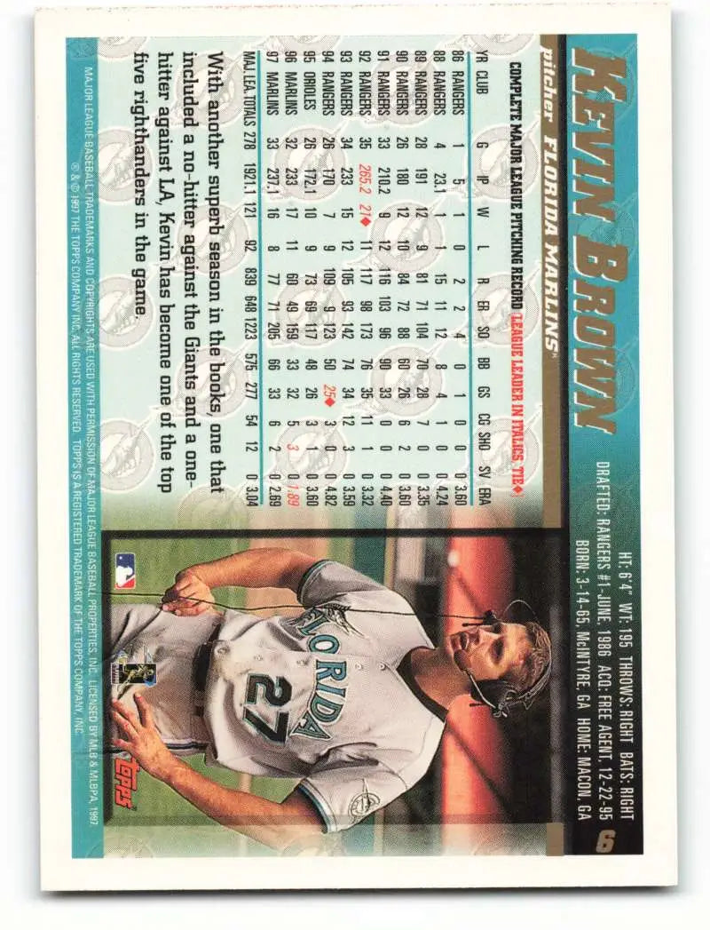 1998 Topps #6 Kevin Brown NM-MT Florida Marlins Baseball Card - Baseball Card Single