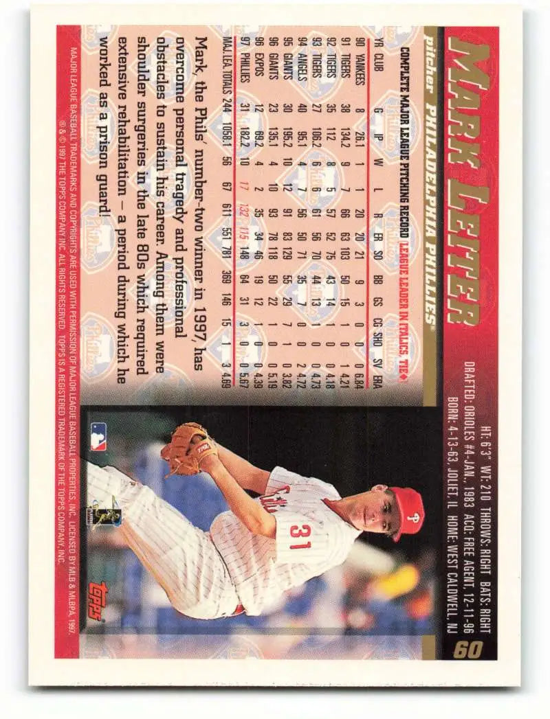 1998 Topps #60 Mark Leiter NM-MT Philadelphia Phillies Baseball Card - Baseball Card Single